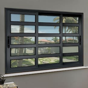 Janela Elite com Travessas 3 Folhas Moveis Sequenciais 120 X 240 Vidro Liso Preto