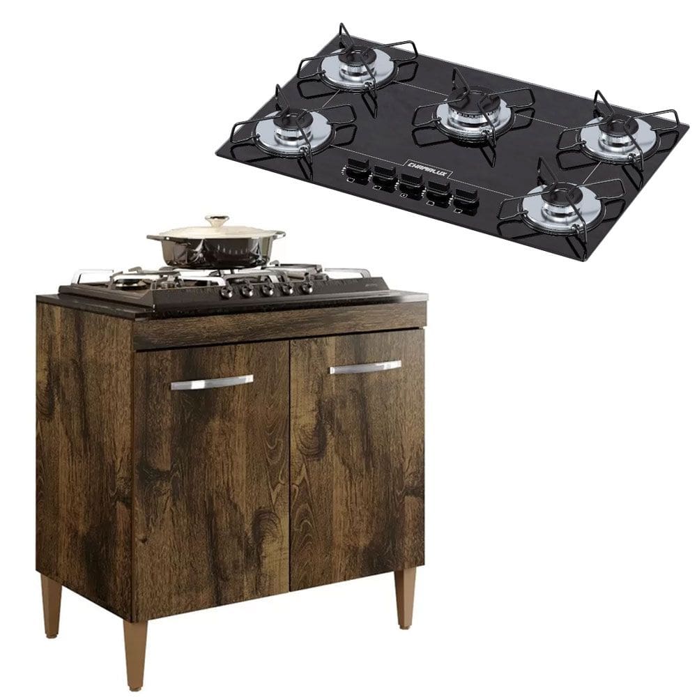 Kit Balcão Cooktop Sevilha 2 Portas Ype com Fogão Cooktop 5 Bocas Chamalux