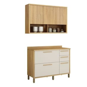 Conjunto de Cozinha Balcão 3 Portas 2 Gavetas e Armário Aéreo 120cm 3 Portas Ripado Torino Cinamomo/Off White
