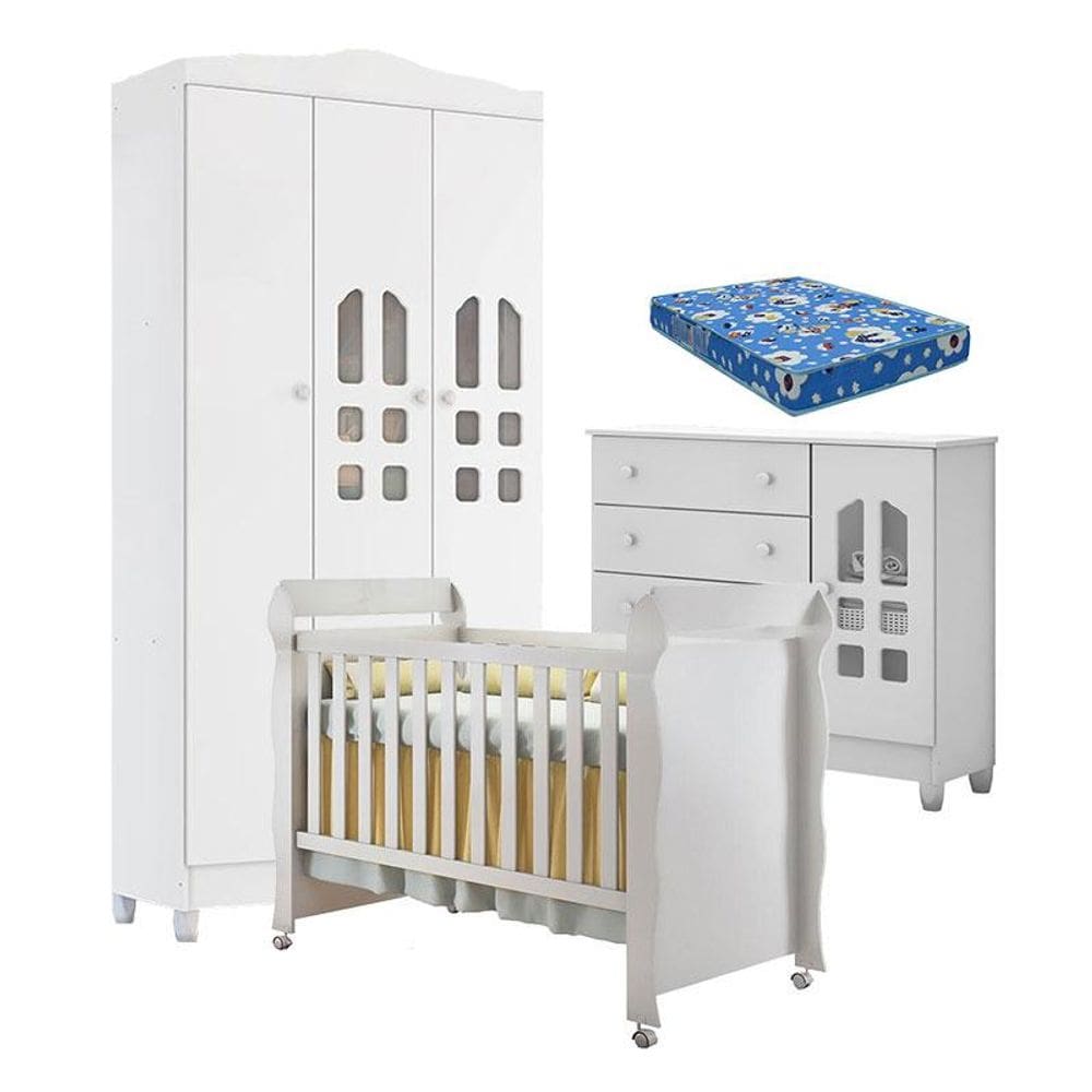 Quarto de Bebê New Selena 3 Portas com Cômoda Selena e Berço Mirelle Branco Brilho e Colchão Ortobom – Carolina Móveis