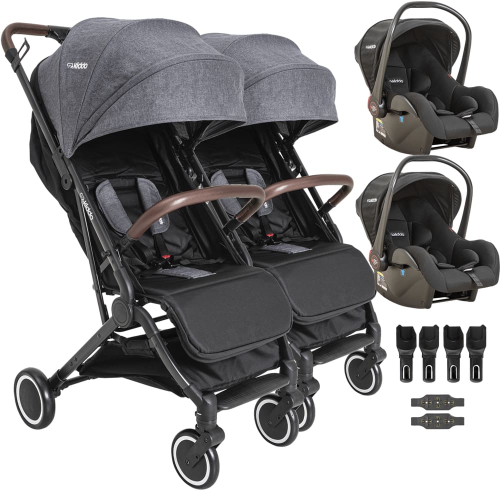 Carrinho Kiddo Sprint II Grafite para Gemeos com 2 Bebe Conforto