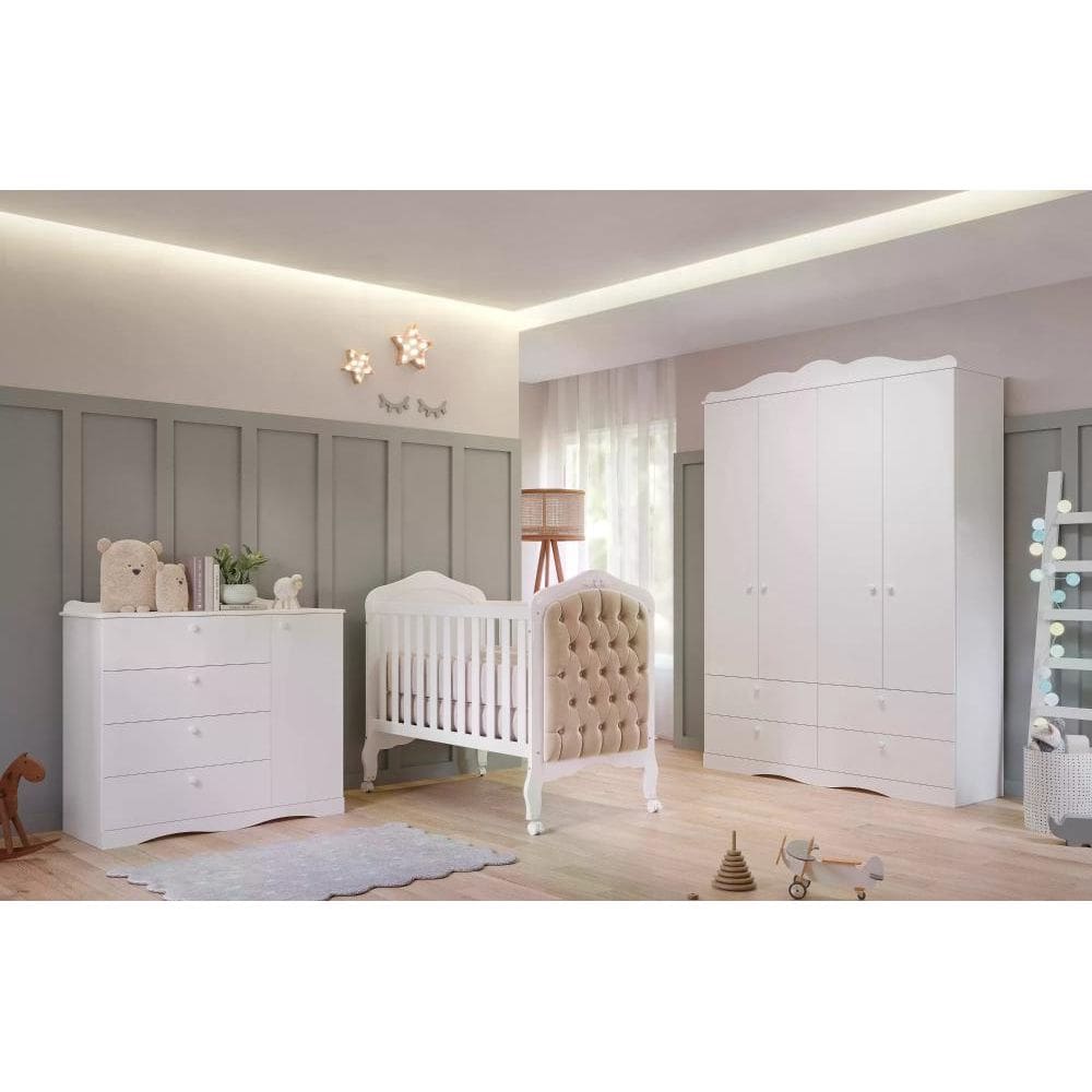 Quarto de Bebê 3 Peças com Berço Capitonê Cômoda 4 Gavetas e Guarda Roupa 4 Portas 4 Gavetas Aquarela Espresso Móveis Branco