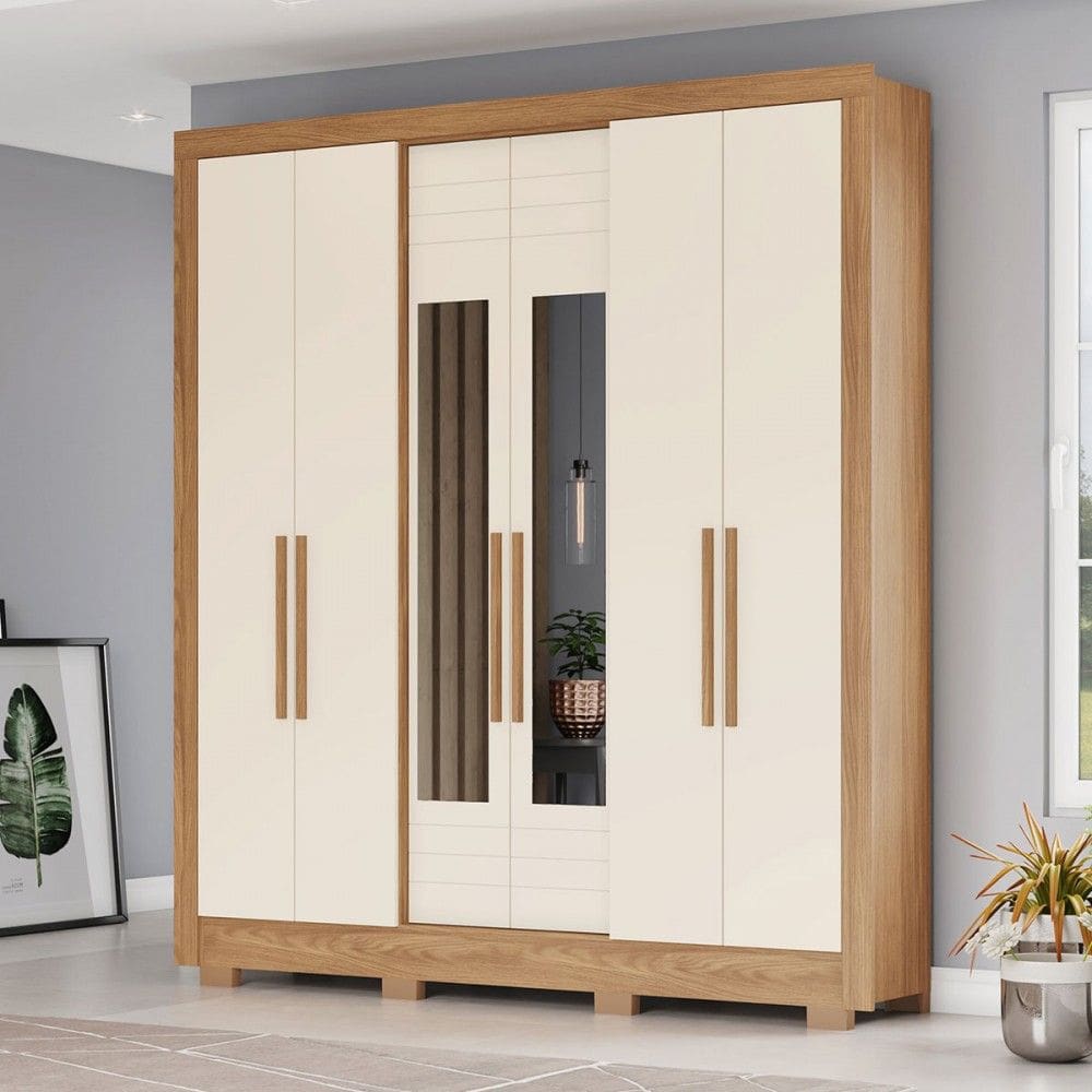 Guarda Roupa Casal 6 Portas 3 Gavetas com Espelho B366 Nature/Off White - Briz