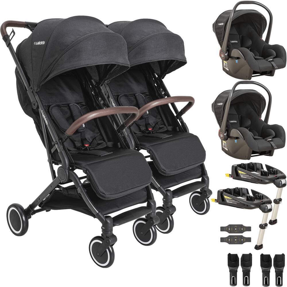 Carrinho Sprint Preto Gemeos Kiddo 2 Bebe Conforto 2 Base ISOFIX
