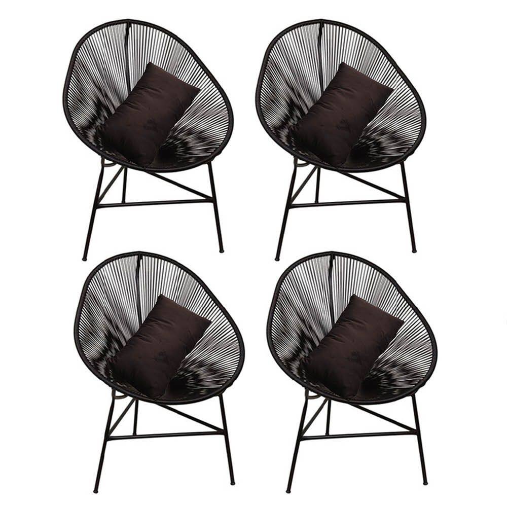 Kit 04 Poltrona Cadeira Acapulco Plus com Almofada Quadrado Preto Corino Marrom - Ahazzo Móveis