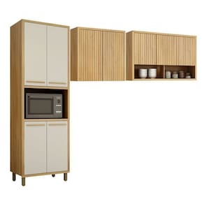 Conjunto de Cozinha Armário Paneleiro 4 Portas com Nicho e 2 Armários Aéreo Ripado Torino Cinamomo/Off White