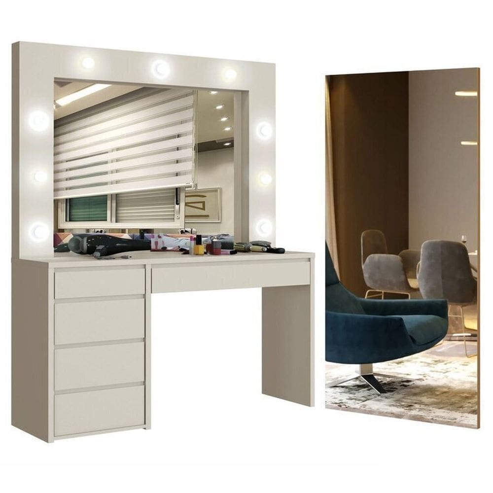 Conjunto Penteadeira Camarim 184x136cm Anne e Espelho Decorativo 180x90cm Retangular Off White