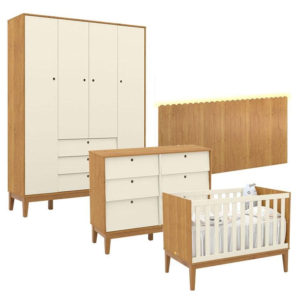Quarto de Bebê Unique 4 Portas com Cômoda 6 Gavetas e Painel Farm com Led Freijó Off White Eco Wood - Matic