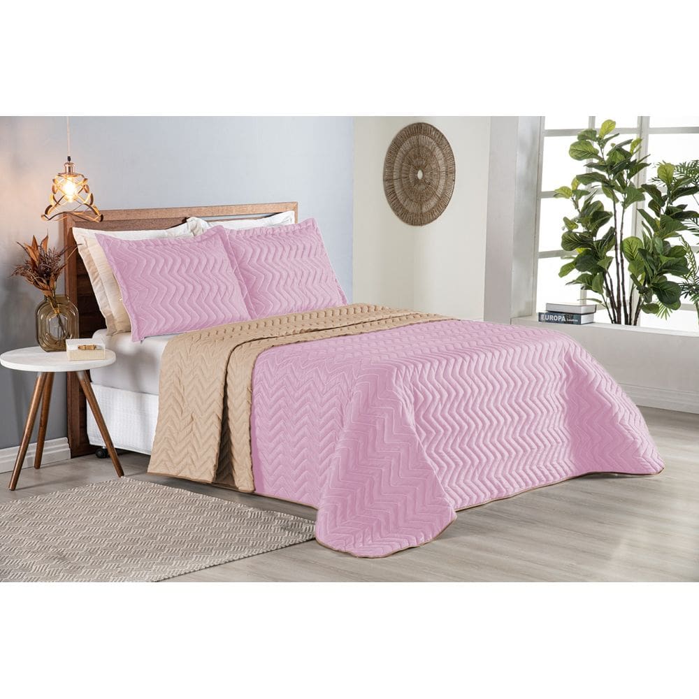 Colcha Cobre Leito Cama de Casal 3 pç Dupla Face Acolchoado Microfibra Rosa e Bege