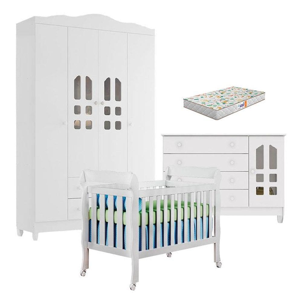 Quarto de Bebê New Selena 4 Portas com Berço Lila e Cômoda Gran Selena Branco Brilho e Colchão Gazin – Carolina Móveis