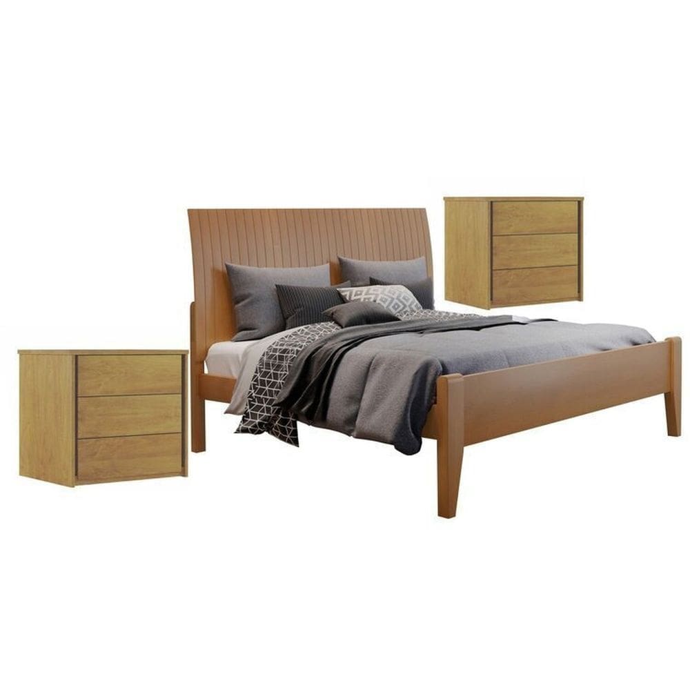 Conjunto Quarto de Casal Cama Queen Madeira Maciça e 2 Mesas de Cabeceira 3 Gavetas Unique Amêndoa Mel