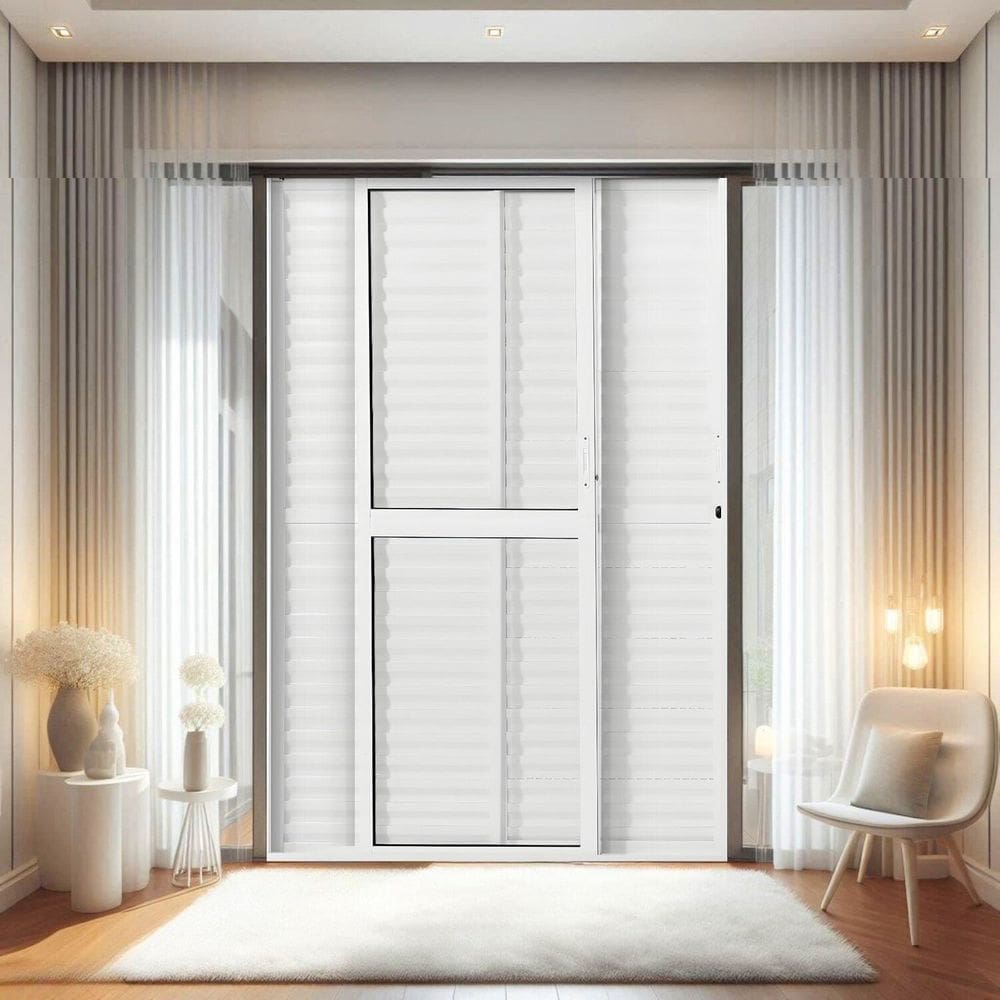 Porta Balção de Aluminio 210x120cm 2 Folhas Moveis e 1 Folha Fixa Branco