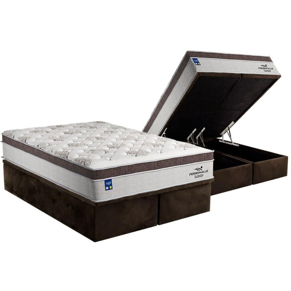 Cama Box Baú Queen: Colchão Molas Ensacadas Plumatex MasterPocket Personalle + Base CRC Suede Brown(158x198)
