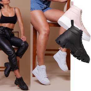 Kit Tênis Feminino De Cano Longo Rosa + Coturno Feminino Tratorado Preto Para Um Estilo Robusto.
