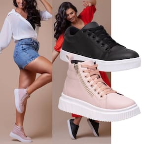 Kit Tênis Feminino Preto Clássico Combinado Com Um Tênis Plataforma Rosa Para Um Toque De Estilo.