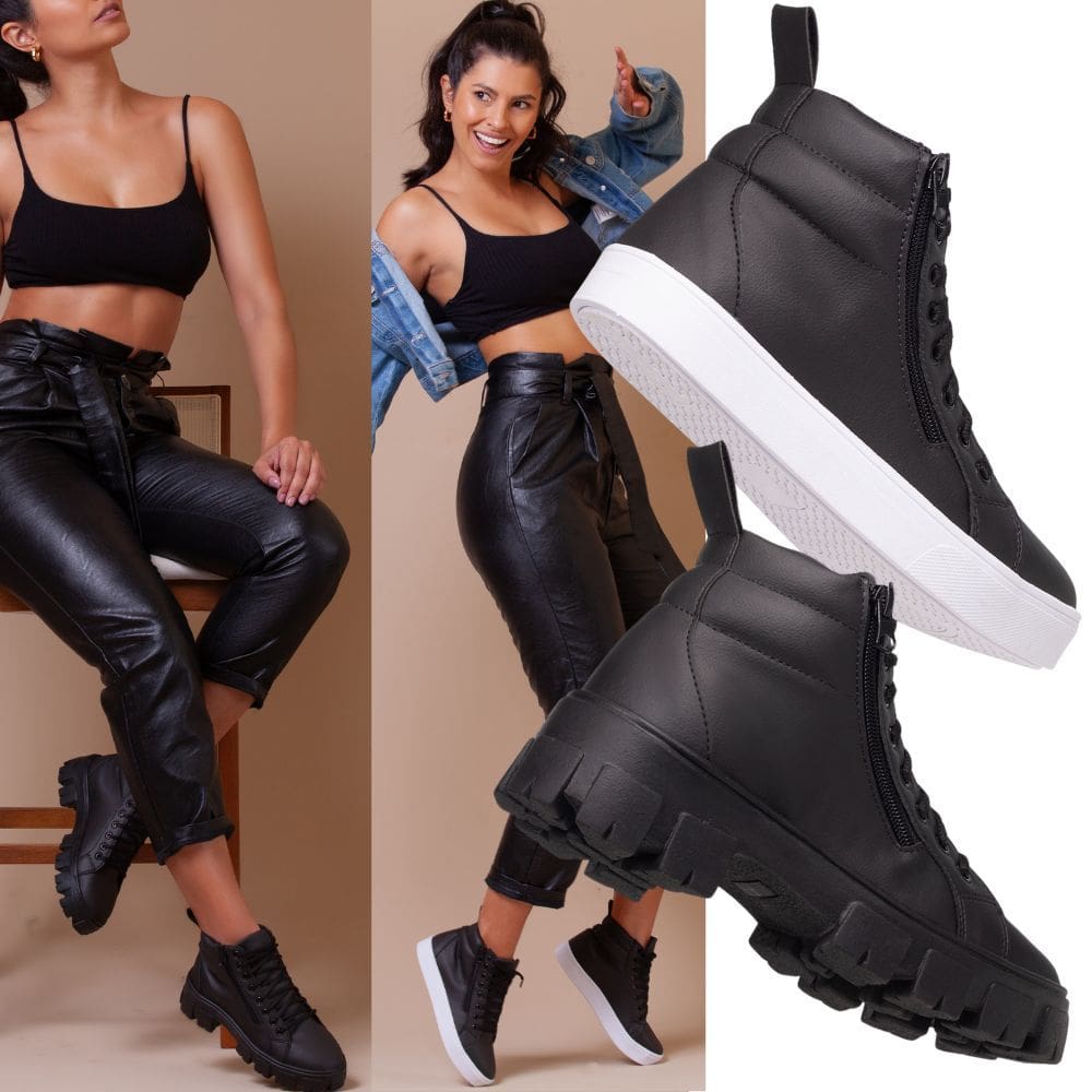 Kit Essencial: Bota Feminina Esporte Preta Para Dias Dinâmicos + Coturno Feminino Preto.