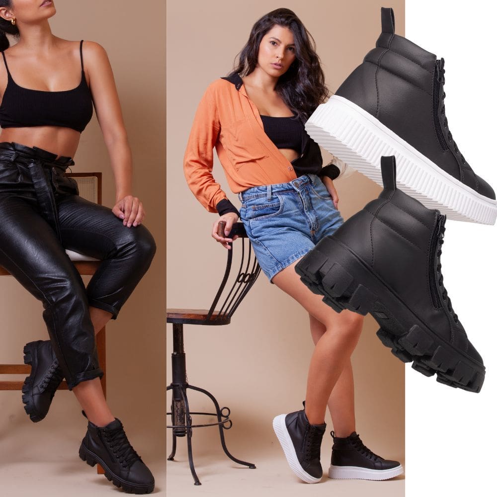 Kit Bota Feminina Um Par Plataforma Para Um Toque De Altura E Um Par Tratorado Para Robustez.
