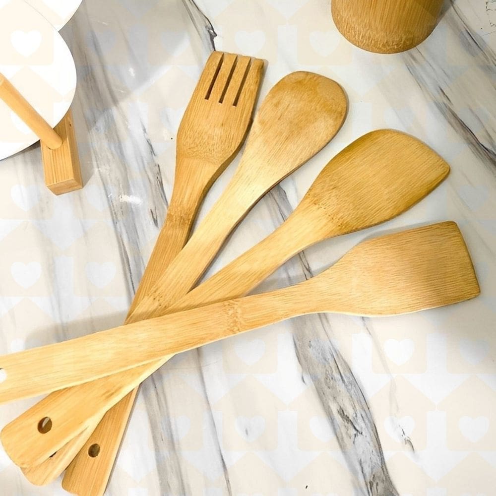 Kit de Utensílios p/ Cozinha 5 Pçs Decoração Bambu Fogão Comida