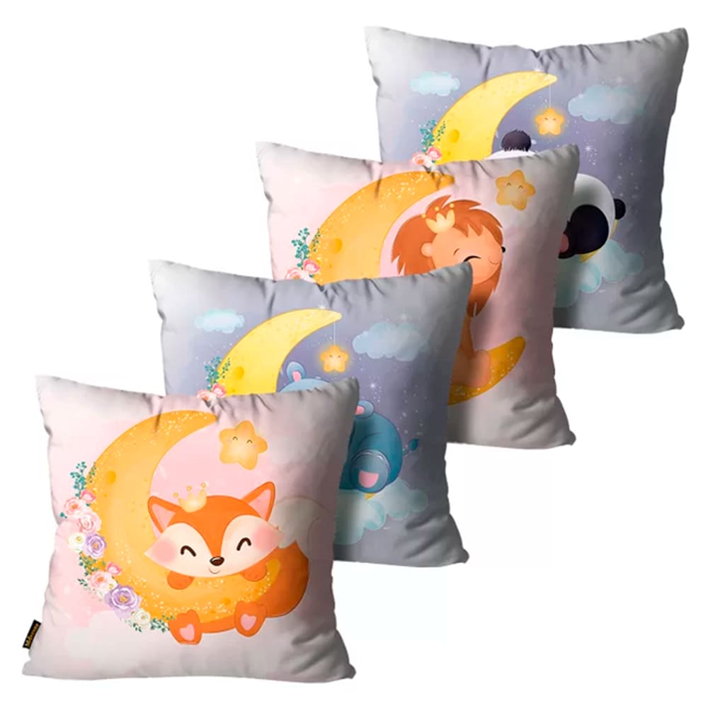 Kit com 4 Capas Infantis Bebê Animais Lilas e Rosa - 45x45cm