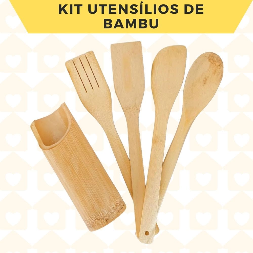 Kit de Utensílios p/ Cozinha 5 Pçs Decoração Bambu Fogão Comida
