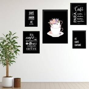 Composição 5 Quadros Café Com Fé - Com Vidro