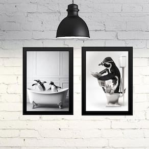 Kit 2 Quadros Divertidos Banheiro - Pinguins 33X24Cm - Vidro