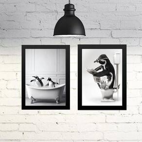 Kit 2 Quadros Divertidos Banheiro - Pinguins 33X24Cm - Vidro