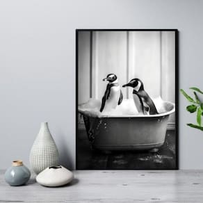 Quadro Para Banheiro Casal De Pinguins 24X18Cm - Com Vidro