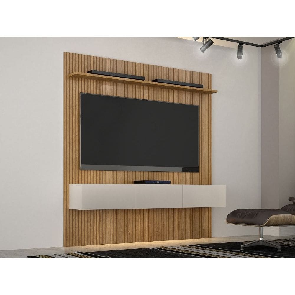 Painel Ripado com Bancada 1.79 mt para Tv 70\" Curitiba - Cinamomo/Off White