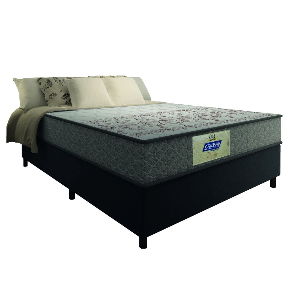 Cama Box Casal Colchão Molas Flora Gazin Cinza/Branco 138x188x60cm - Suporta Até 110 Kg Por Pessoa