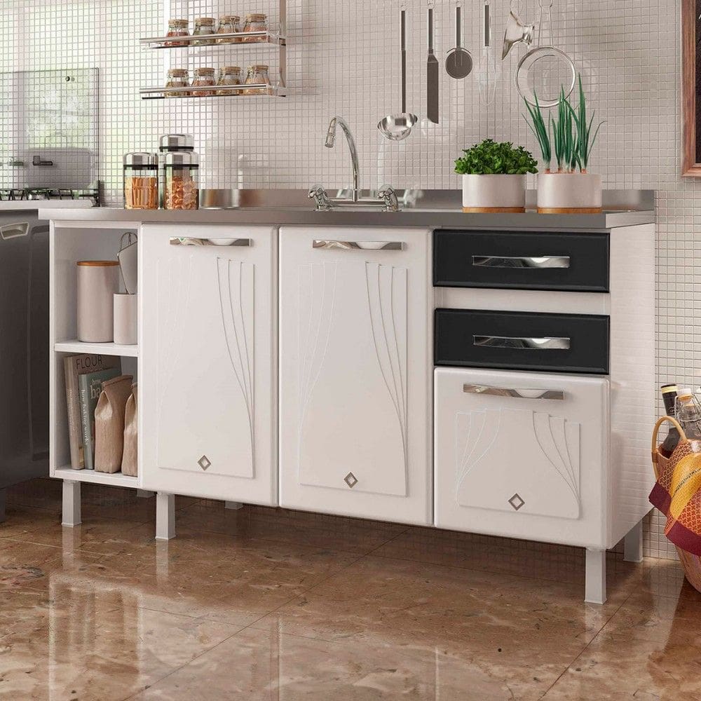 Balcão de Cozinha Star New 3 Portas 2 Gavetas Preto - Telasul