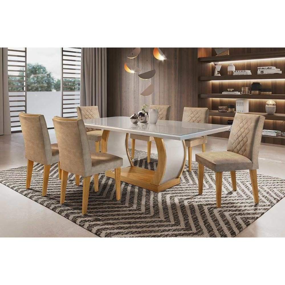 Conjunto: Mesa Sala Jantar Jade c/ Tampo Madeirado c/ Vidro Canto Curvo 180cm + 6 Cadeiras Jade Imbuia/Linho Turim - Rufato