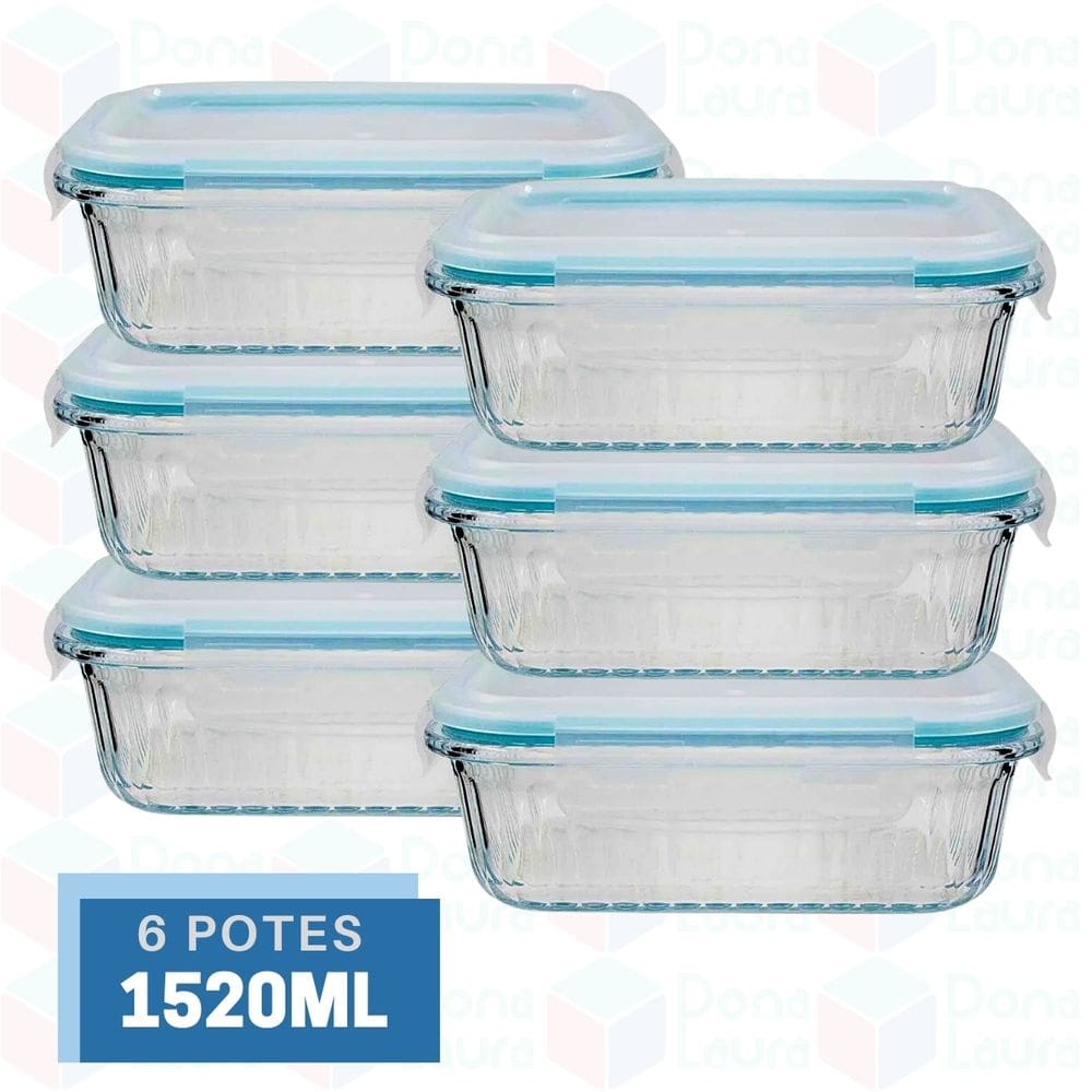 6 Potes Canelado Retangular Vidro Organizador Fitness 1520ml