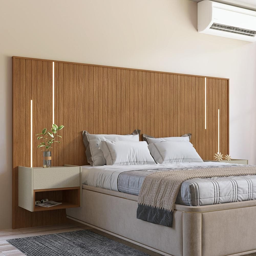 Cabeceira Para Cama de Casal/Queen Florença Com Led Com 2 Mesas de Cabeceira Cedro/Off White