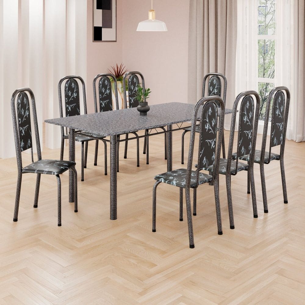 Conjunto de Mesa Retangular a 180x75cm Tampo Granito Ocre 8 Cadeiras Lavínea Preto Floral/ Mart Prata