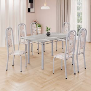 Conjunto de Mesa Retangular 140x75cm Tampo Granito Topázio 6 Cadeiras Lavínea Botanic Bege / Mart Pérola