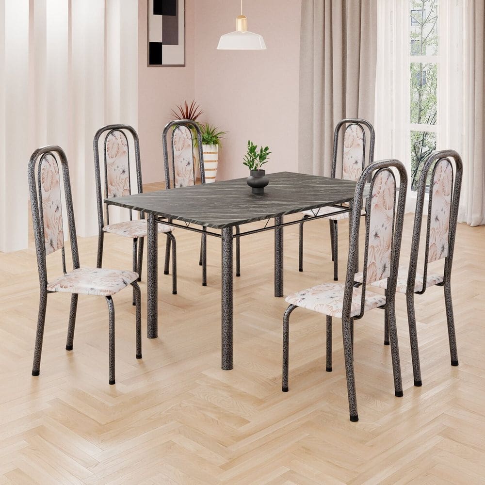 Conjunto de Mesa Retangular 140x75cm Tampo Ardósia Indiano 6 Cadeiras Lavínea Botanic Bege / Mart Prata