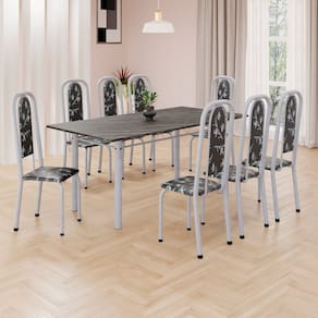 Conjunto de Mesa Retangular 180x75cm Tampo Ardósia Indiana 8 Cadeiras Lavínea Preto Floral/ Mart Pérola