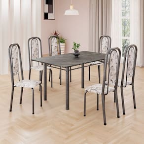 Conjunto de Mesa Retangular 140x75cm Tampo Ardósia Indiano 6 Cadeiras Lavínea Arabesco/ Mart Prata