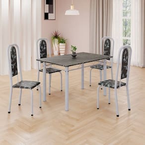 Conjunto de Mesa Retangular 120x75cm Tampo Ardósia Indiano 4 Cadeiras Lavínea Preto Floral/ Mart Pérola