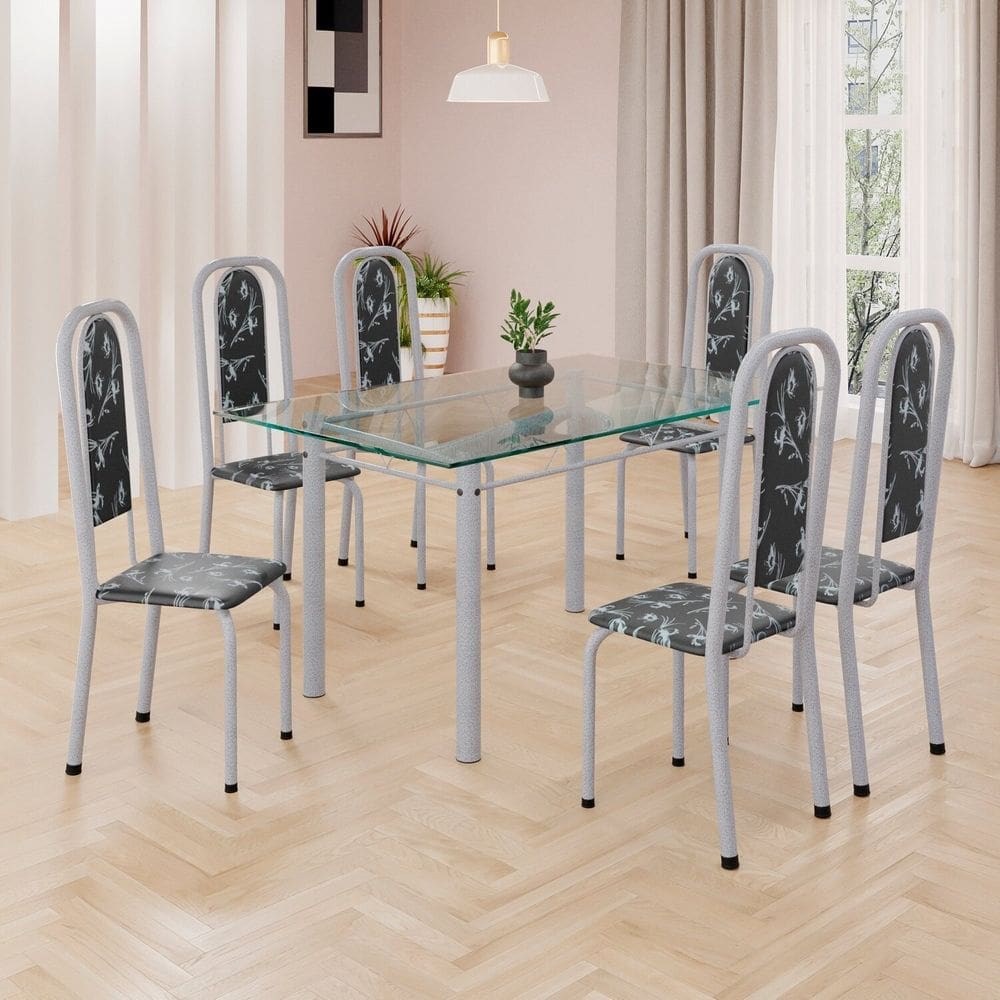 Conjunto de Mesa Retangular 140x75cm Tampo de Vidro 6 Cadeiras Lavínea Preto Floral/ Mart Pérola