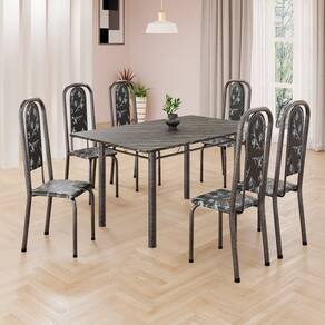 Conjunto de Mesa Retangular a 140x75cm Tampo Ardósia Indiano 6 Cadeiras Lavínea Preto Floral/ Mart Prata