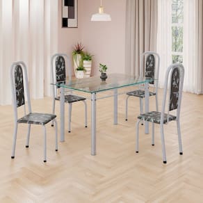 Conjunto de Mesa Retangular a 120x75cm Tampo de Vidro 4 Cadeiras Lavínea Preto Floral/ Mart Pérola