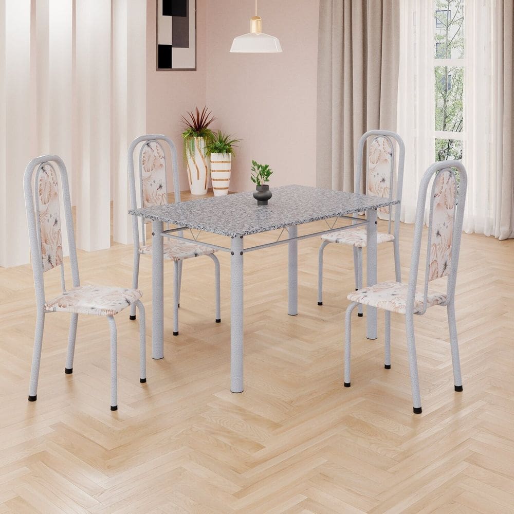 Conjunto de Mesa Retangular 120x75cm Tampo Granito Ocre 4 Cadeiras Lavínea Botanic Bege / Mart Pérola