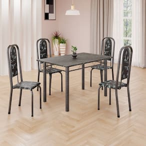 Conjunto de Mesa Retangular a 120x75cm Tampo Ardósia Indiano 4 Cadeiras Lavínea Preto Floral/ Mart Prata