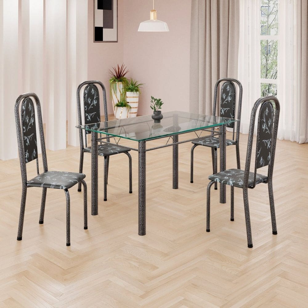 Conjunto de Mesa Retangular a 120x75cm Tampo de Vidro 4 Cadeiras Lavínea Preto Floral/ Mart Prata
