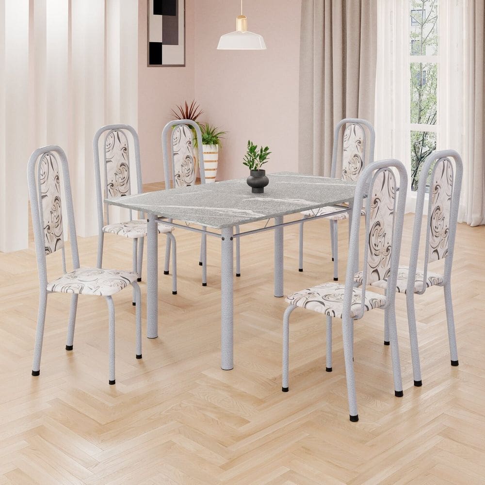 Conjunto de Mesa Retangular 140x75cm Tampo Granito Topázio 6 Cadeiras Lavínea Arabesco/ Mart Pérola