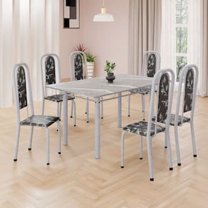 Conjunto de Mesa Retangular 140x75cm Tampo Granito Topázio 6 Cadeiras Lavínea Preto Floral/ Mart Pérola