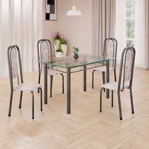 Conjunto de Mesa Retangular a 120x75cm Tampo de Vidro 4 Cadeiras Lavínea Botanic Bege / Mart Prata