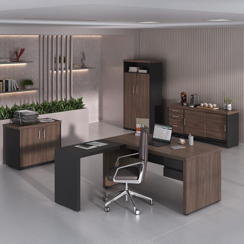 Conjunto Mesa Tamburato 1400 Mesa de Apoio Gaveteiro Suspenso Balcão com Gavetas Armário e Balcão Charuto/Preto